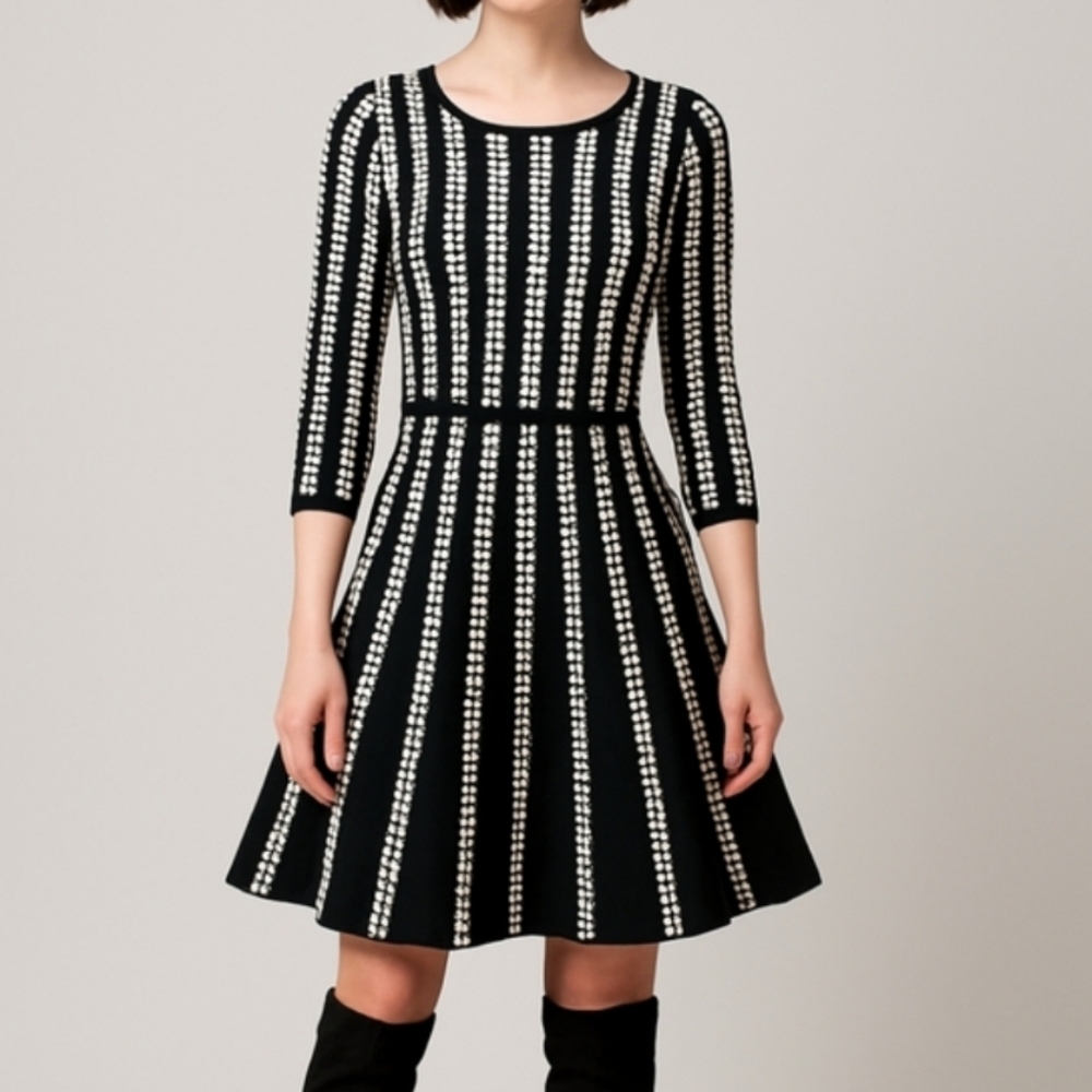 NEW Danny & Nicole Abstract Black White Fit & Flare Sweater Dress Small